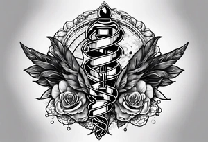Tattoo full left arm with a collage of  a medicine caduceus and a mickey mouse silhouette tattoo idea