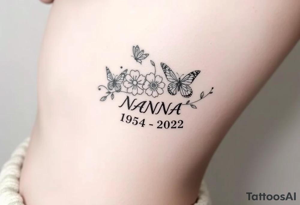 flowers and butterflies with the name “NANA” and the date “1954-2022” mixed all together on the side of the rib cage tattoo idea
