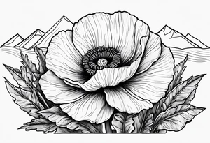 one poppy flower with an anchor and mountains behind it tattoo idea