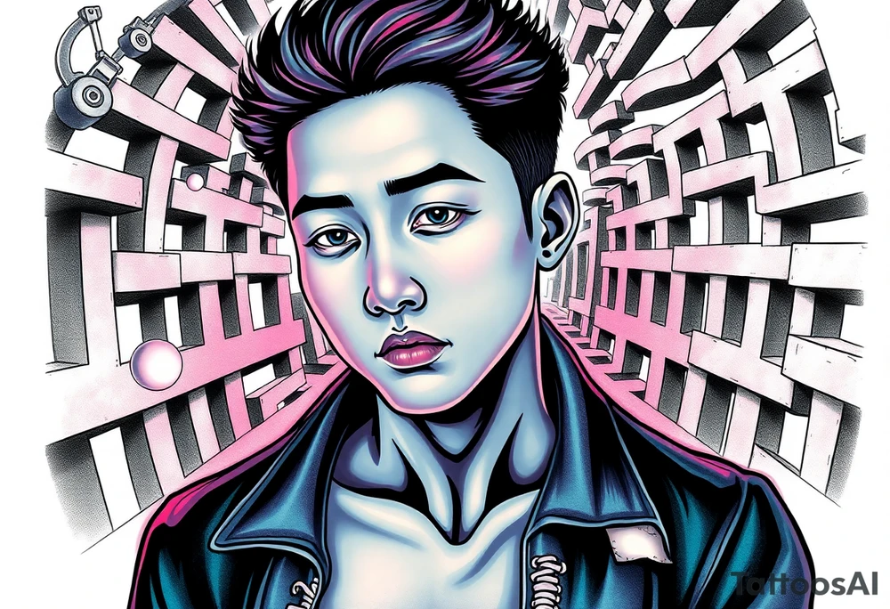 Handsome Asian young guy lost in a nightmarish labyrinth tattoo idea