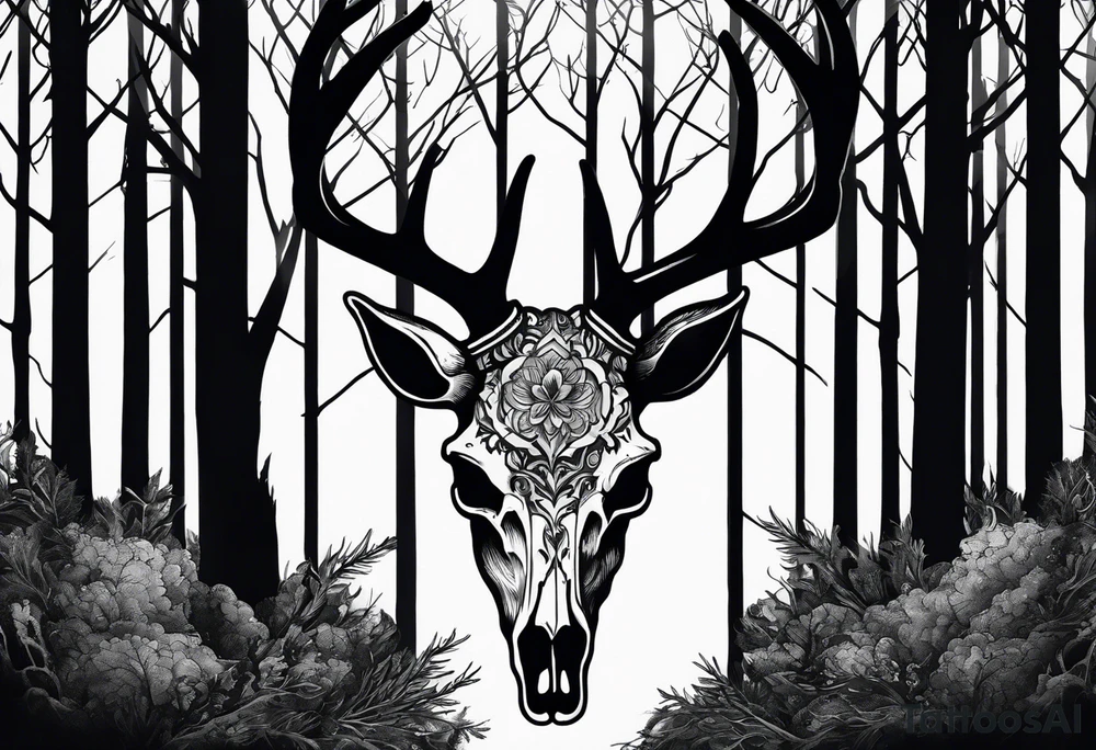 A SCARY side view of a decayed deer skull NO SKIN JUST BONE surrounded by a forest fire in background tattoo idea