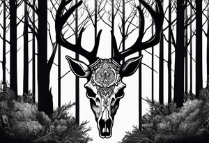 A SCARY side view of a decayed deer skull NO SKIN JUST BONE surrounded by a forest fire in background tattoo idea