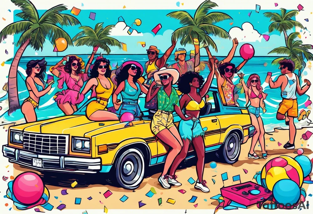 1980's style dance party with boom box and confetti in a beach theme. include people in 80's miami beach clothes, music note. Do not include cars tattoo idea