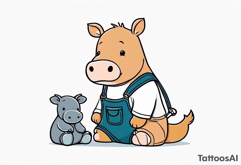 Baby hippo wearing overalls and holding a stuffed moose tattoo idea