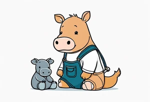 Baby hippo wearing overalls and holding a stuffed moose tattoo idea