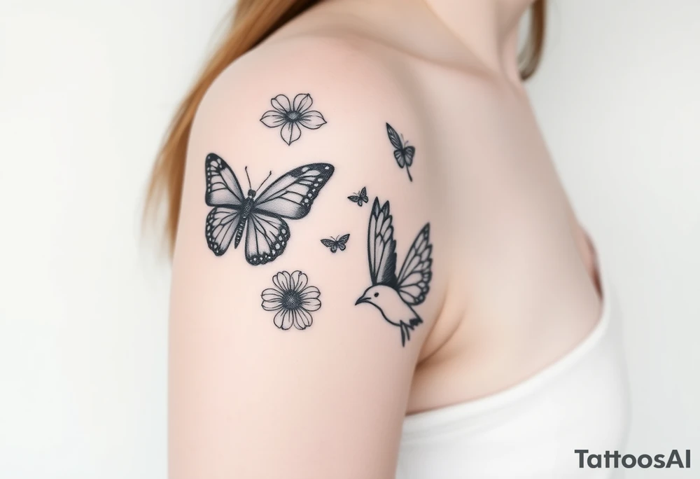 Show me an upper arm/shoulder/shoulder blade tattoo design with a birth flower for July, July, January, September, and 3 butterflies, and a raven and an eagle tattoo idea