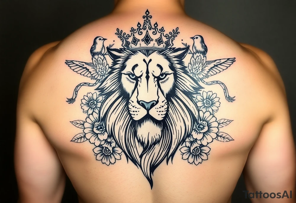 powerful majestic lion with a crown, surrounded by floral ornaments and birds tattoo idea