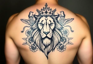 powerful majestic lion with a crown, surrounded by floral ornaments and birds tattoo idea