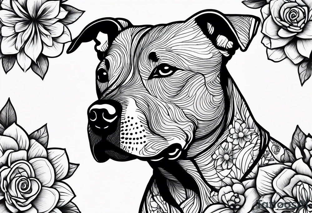 pit bull looking up at you surrounded by lego flowers tattoo idea
