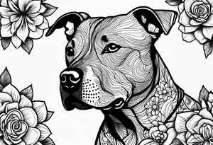 pit bull looking up at you surrounded by lego flowers tattoo idea
