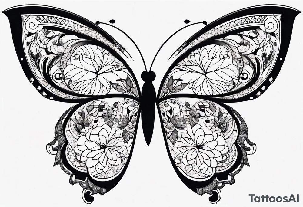 Minimalist butterfly with gently curved wings, adorned with delicate lace-like patterns and subtle floral accents, emphasizing simplicity and elegance. tattoo idea