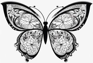 Minimalist butterfly with gently curved wings, adorned with delicate lace-like patterns and subtle floral accents, emphasizing simplicity and elegance. tattoo idea