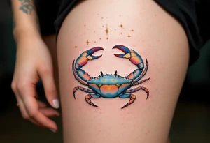 The star constellation of Cancer appears in golden thread style above a softly rendered seafoam crab. tattoo idea