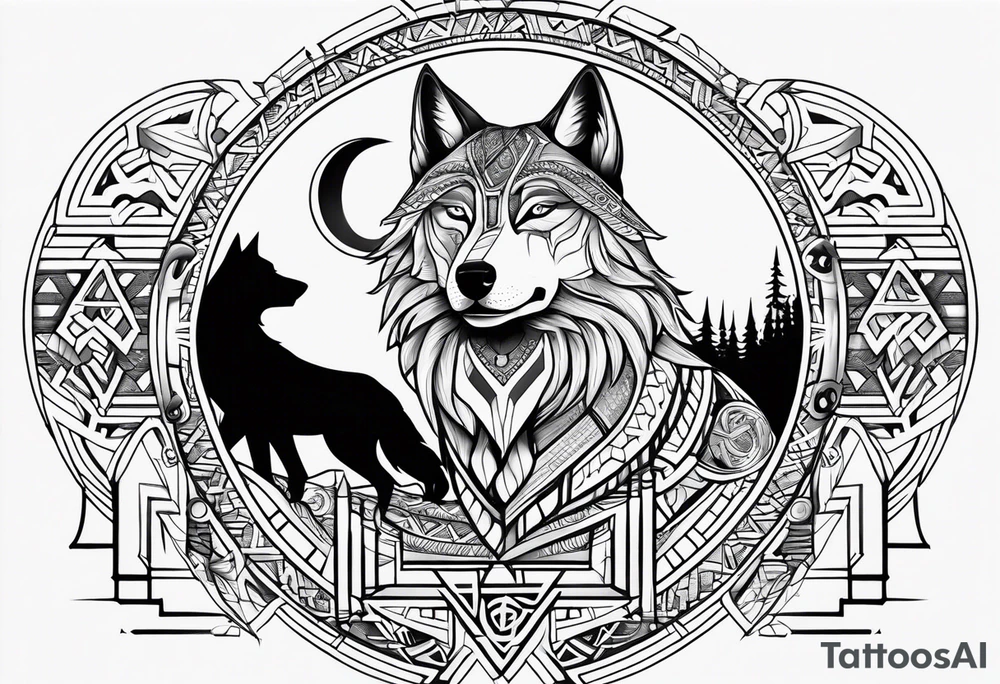 Forearm futuristic tribal theme design with moon and wolves and arabic words tattoo idea