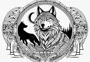 Forearm futuristic tribal theme design with moon and wolves and arabic words tattoo idea