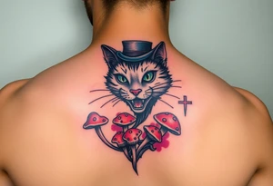 coloured cheshire cat, with top hat and mushrooms tattoo idea