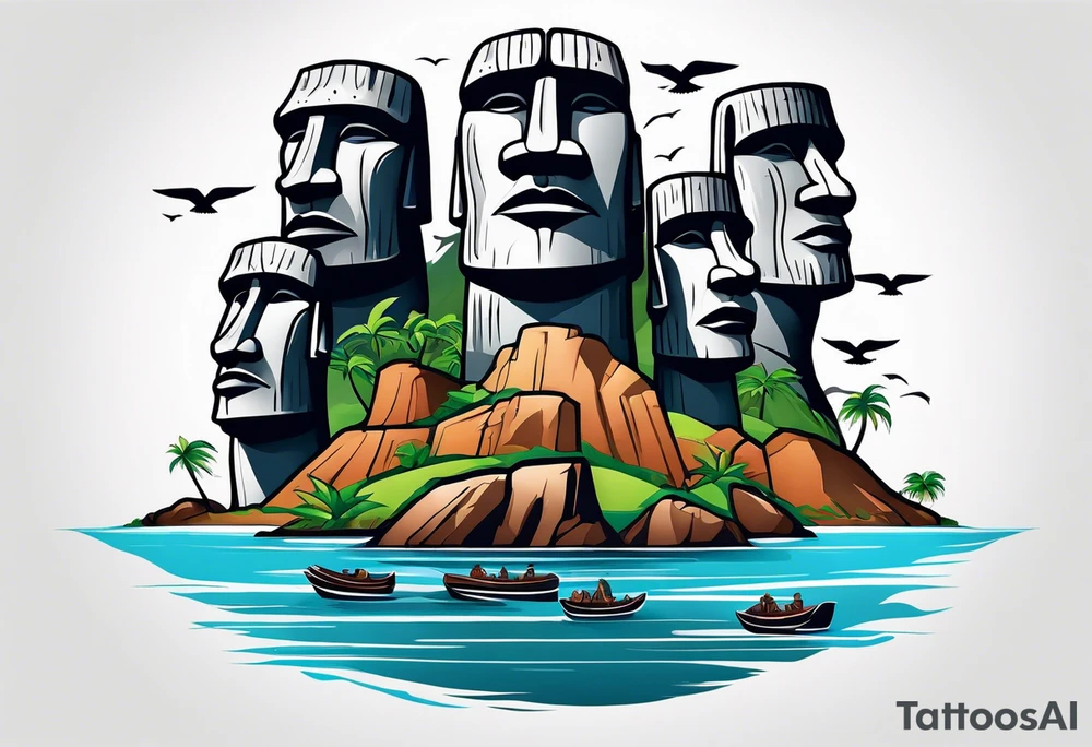 Four Easter island heads on an island landscape with hawks circling above tattoo idea