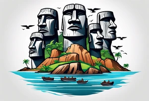 Four Easter island heads on an island landscape with hawks circling above tattoo idea