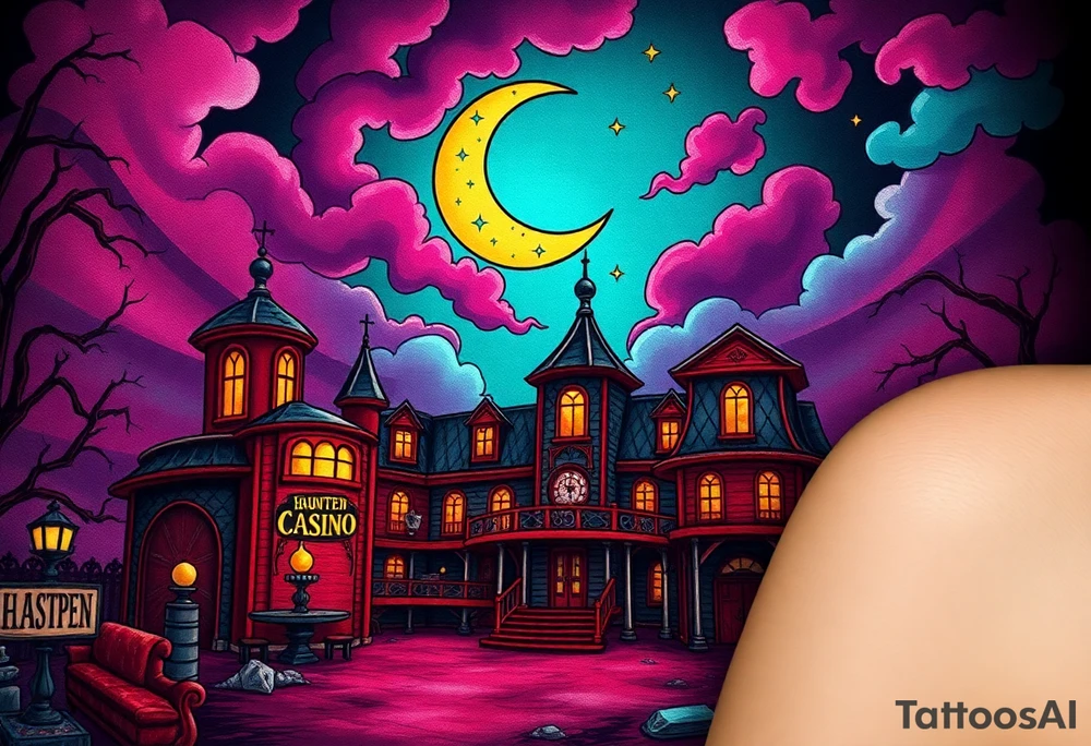 Tim Burton’s haunted casino is abandoned and dripping with muted reds, dusty pinks, and eerie green glow.purple and cyan smokey clouds swirl in the crescent moonlit sky thats sprinkled with stars tattoo idea tattoo idea