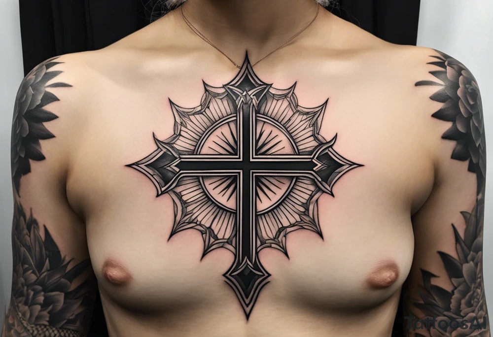 Tattoo: A refined cross with a soft halo on top of it, symbolizing light and spirituality. Delicate rays extend outward from the halo, adding a subtle glow and depth. The cross itself is simple and elegant, with potential for small, intricate line details within the design. tattoo idea