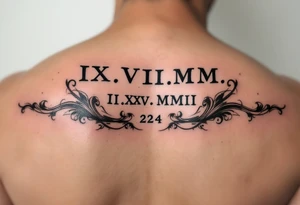 IX.VII.MM. and II.XXV.MMII with a space between them, along with the number 224 tattoo idea