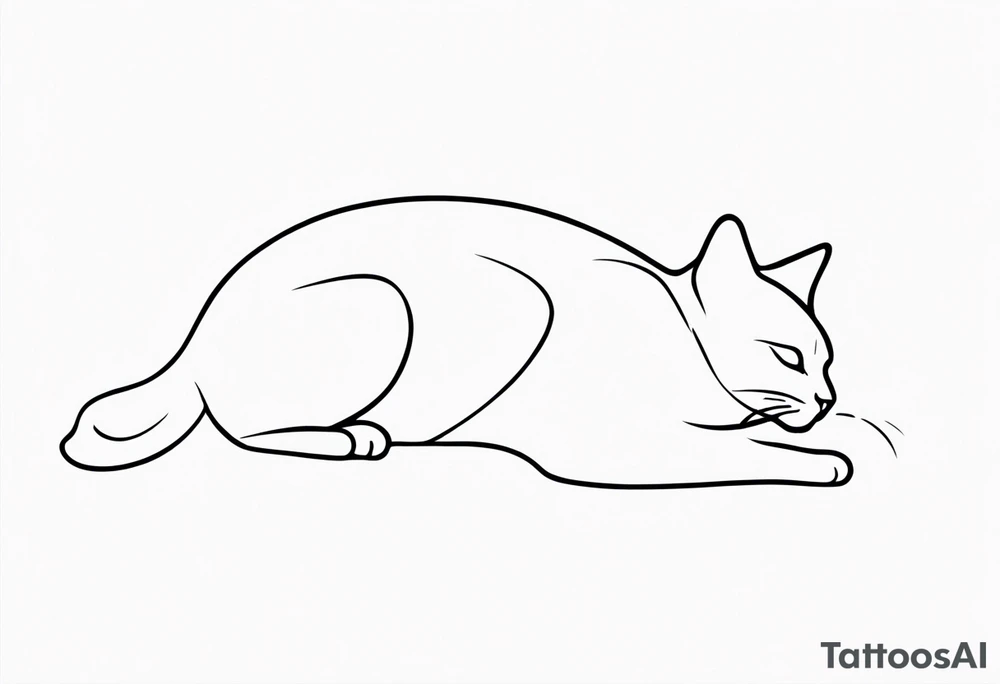 Design a simple outline tattoo of a cat stretching, embodying grace and flexibility, perfect for a subtle yet expressive design tattoo idea