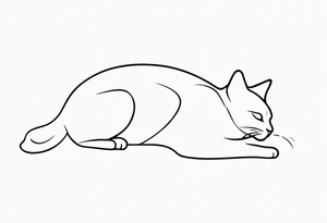 Design a simple outline tattoo of a cat stretching, embodying grace and flexibility, perfect for a subtle yet expressive design tattoo idea