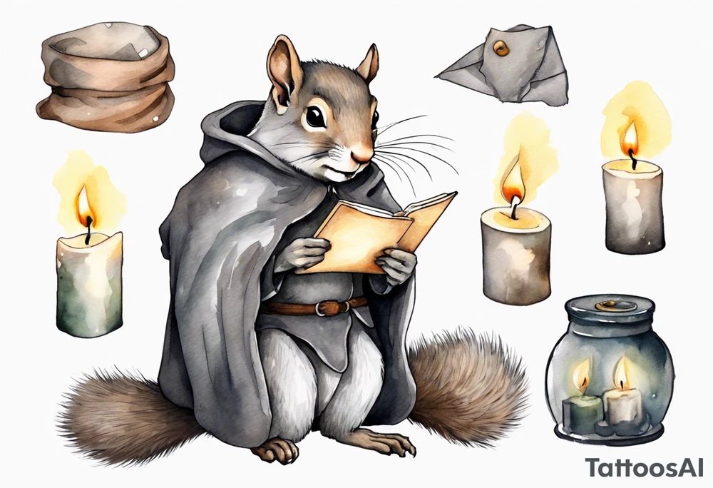 an elderly grey squirrel with a beard dressed in a grey cloak sitting in the dark writing a letter by candlelight tattoo idea
