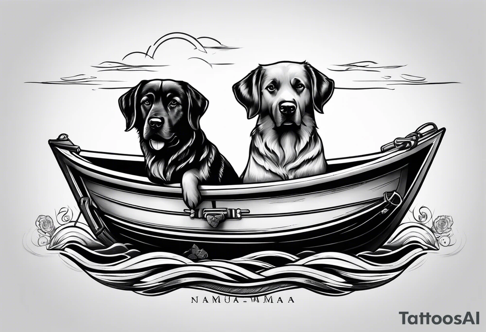 two dogs in a boat that has the word McNamara on the side tattoo idea