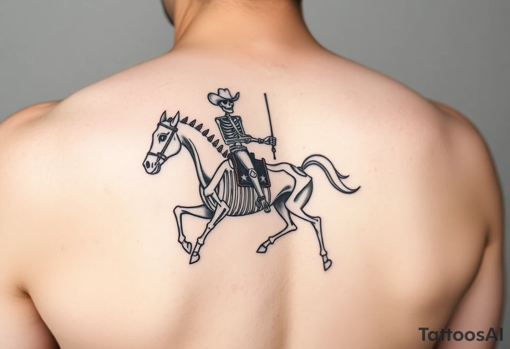 cowboy skeleton riding a horse skeleton on bicep, Fill with (stars, dots, and flowers) tattoo idea