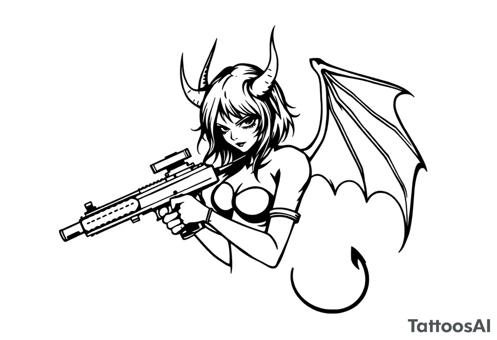 demon girl holding gun tattoo idea