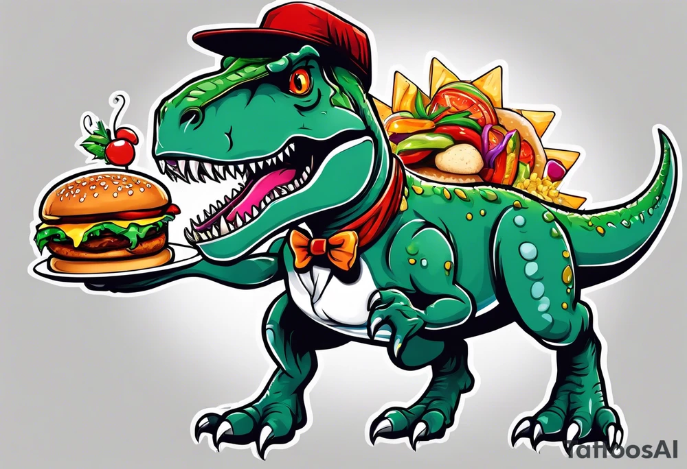 T-rex wearing pinwheel hat, eating a cheeseburger tattoo idea