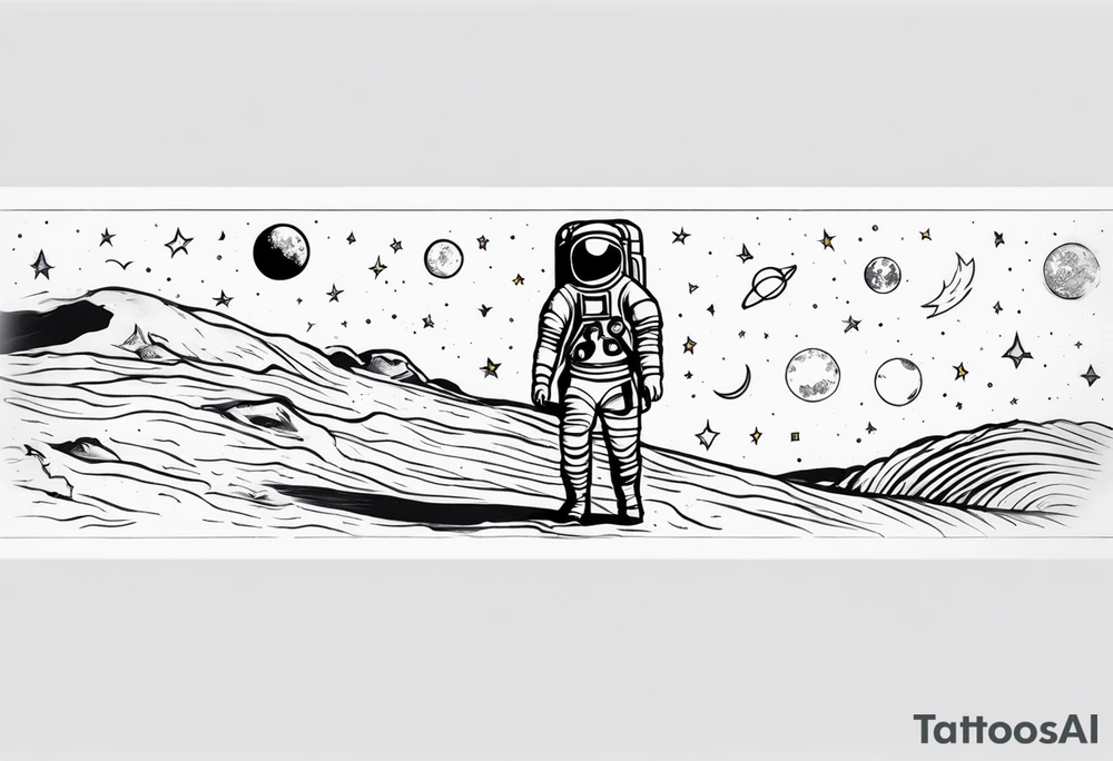 man on the moon space theme arm sleeve tattoo idea