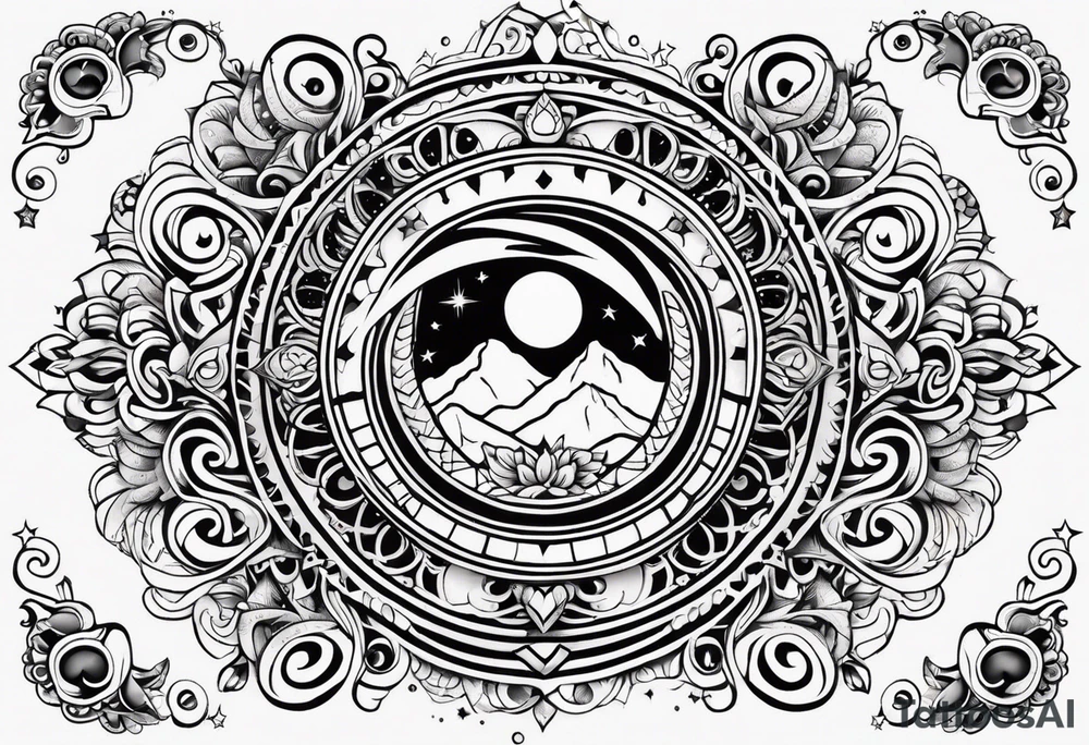Mexican Sun and moon sternum swirls and dots and stars tattoo idea