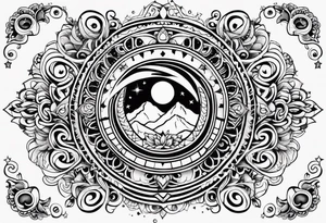 Mexican Sun and moon sternum swirls and dots and stars tattoo idea