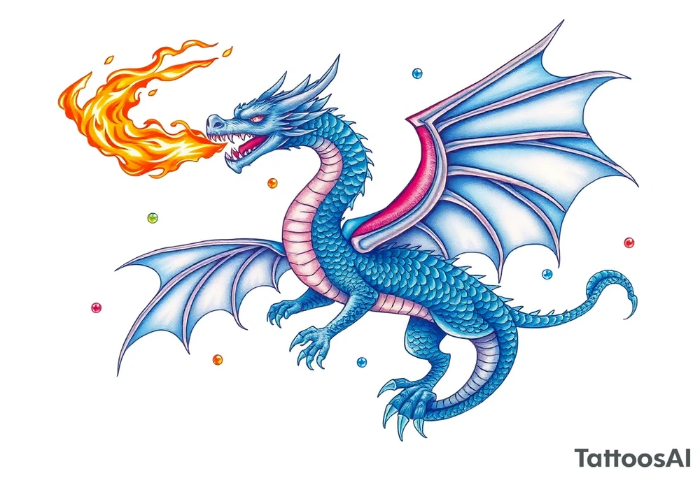 Blue fire breathing dragon with wings spread tattoo idea