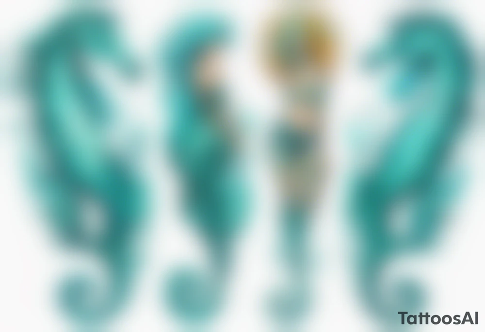 a tall woman made of water with turquoise hair riding a seahorse tattoo idea