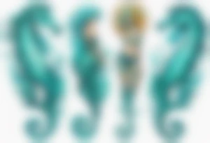 a tall woman made of water with turquoise hair riding a seahorse tattoo idea