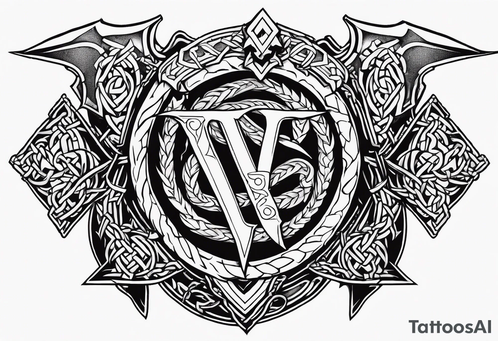 Valhalla sword shield dragon axe Valknut barbed wire chains tattoo idea Valhalla sword shield dragon axe Valknut barbed wire chains tattoo idea