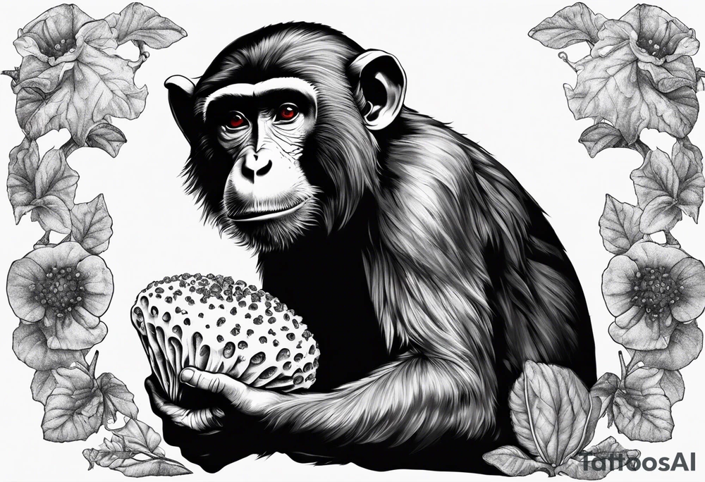 monkey with amanita muscaria in hand tattoo idea