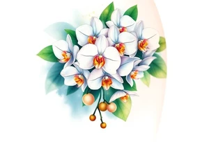 A cluster of white orchids cascading down a shoulder, surrounded by soft green leaves and golden accents. tattoo idea