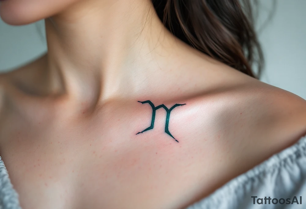 A dark blue Virgo constellation floats above the zodiac symbol carved in moss green near the collarbone. tattoo idea