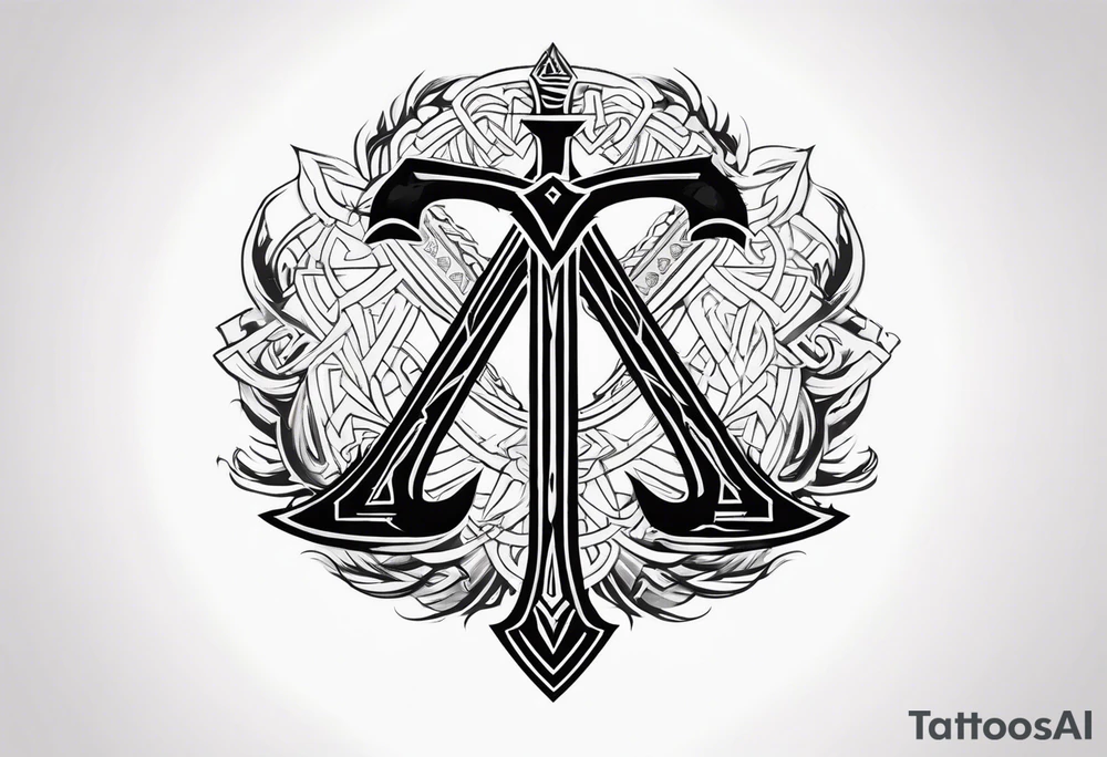Valhalla sword 
shield axe Valknut mist tattoo idea