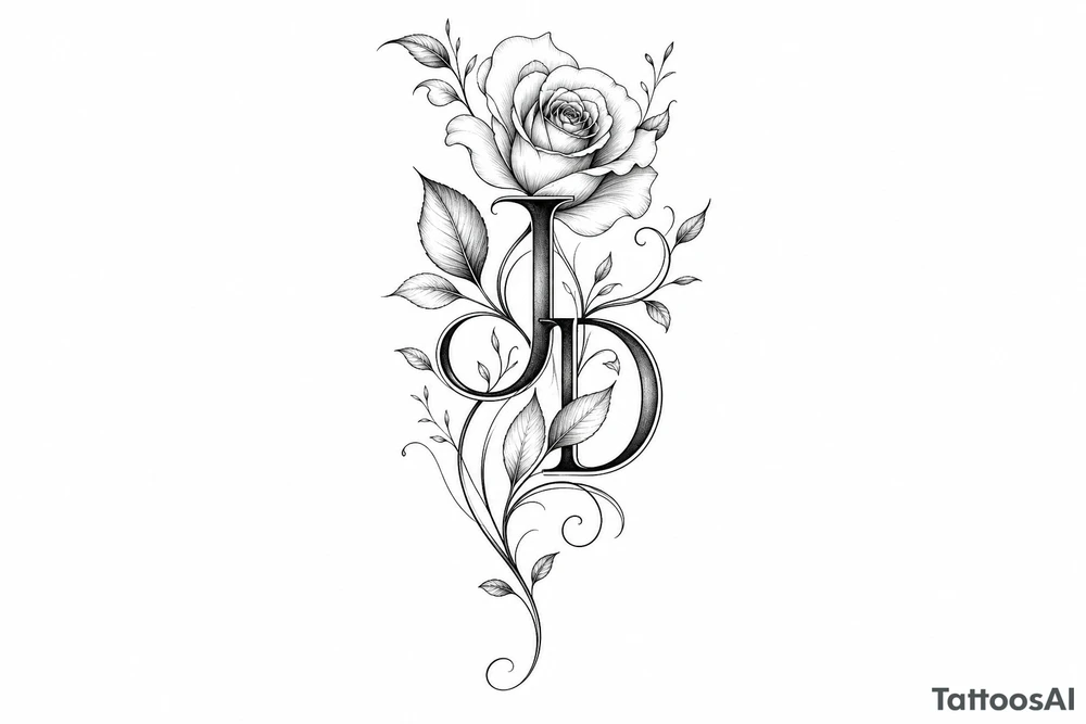 Intertwined J and D hidden within rose petals and leaves. tattoo idea
