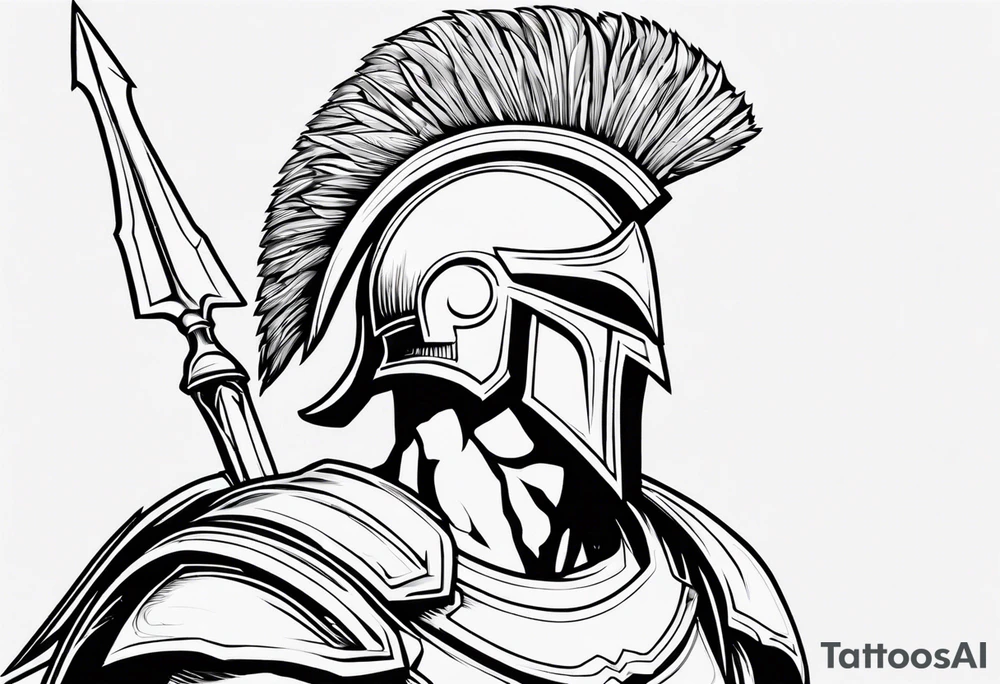 rectangular landscape format ultra-fine line linework vector of a spartan from the side, spartan spear, spartan shield, laurel wreath tattoo idea