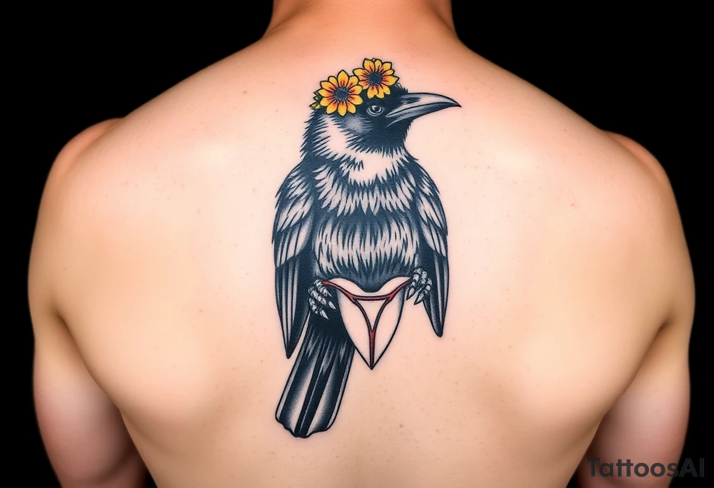 Crow with yellow flower crown, carrying a wand and uterus in its claws tattoo idea
