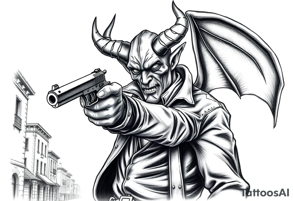 a demon in cowboy-clothing,a gun in a hand,old buildings in the background. tattoo idea