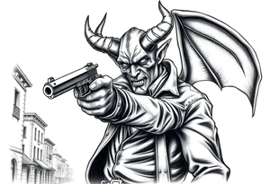 a demon in cowboy-clothing,a gun in a hand,old buildings in the background. tattoo idea