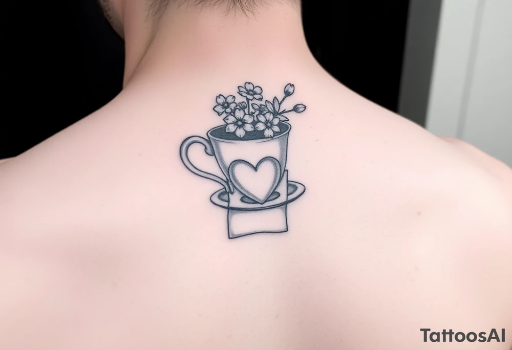 Dainty tea cup with small flowers and a small love heart on the tea bag tag tattoo idea