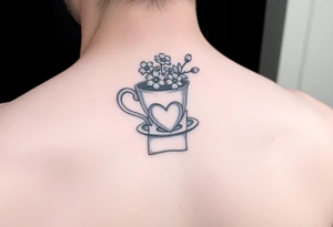 Dainty tea cup with small flowers and a small love heart on the tea bag tag tattoo idea